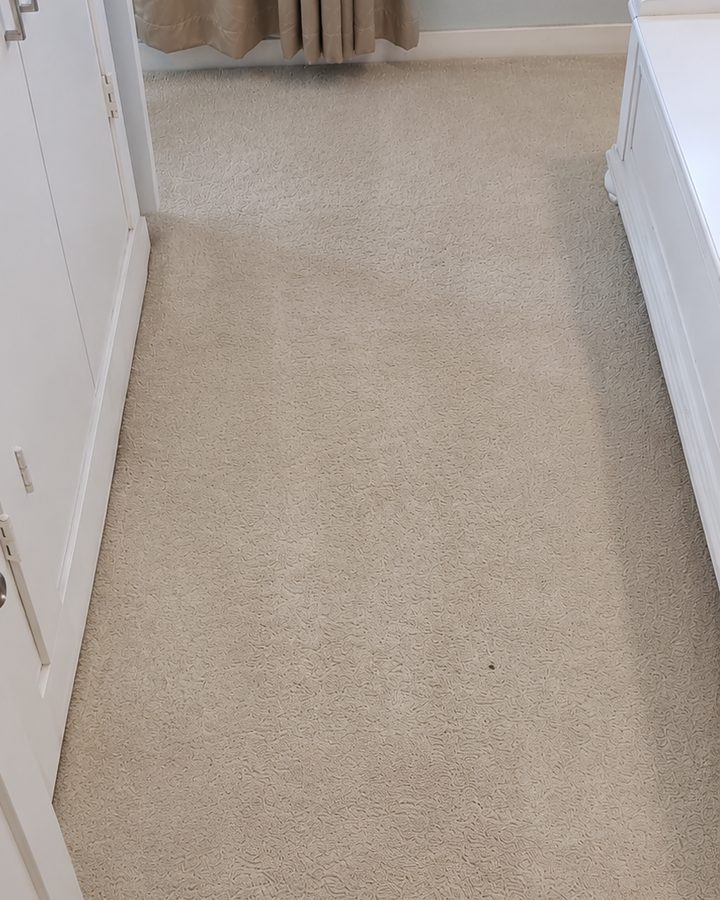 The same bedroom carpet after an Xtreme Clean deep steam, even and bright